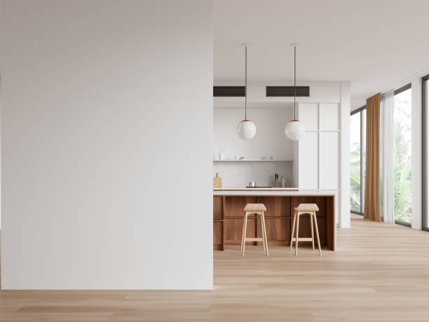 istock Elegant home kitchen interior with bar island and chairs, window. Mock up wall 2162114096