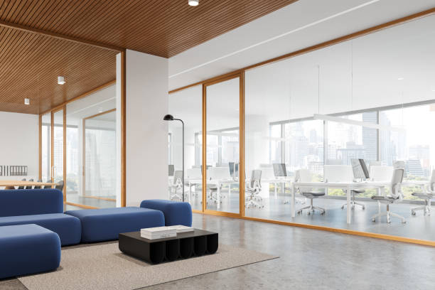 istock Modern coworking interior soft place and coworking room, panoramic window 2162114391
