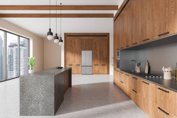 istock Luxury home kitchen interior with bar island and cabinet, panoramic window 2162114472