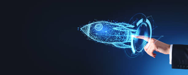 istock Businessman finger touch and rocket hologram launch, copy space 2162114619