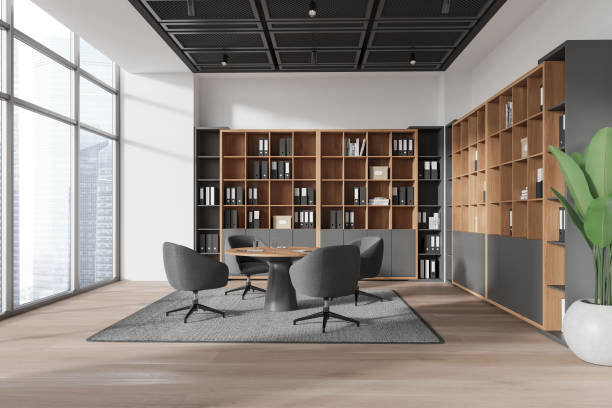 istock Modern conference room interior with table and armchairs, panoramic window 2162115326