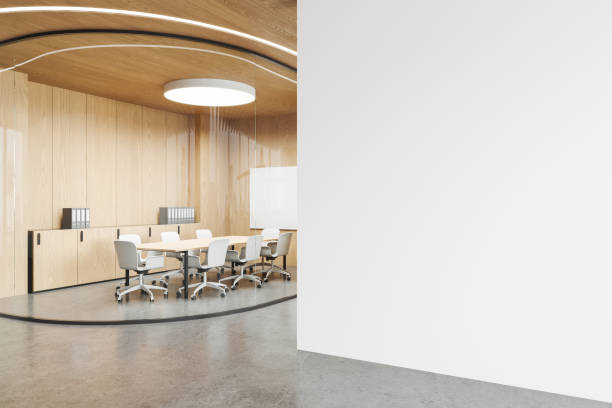 istock Glass meeting interior with board and projection screen, mockup wall 2162116394