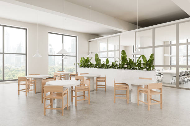 istock Light office interior with cafe space and meeting room, panoramic window 2162116671