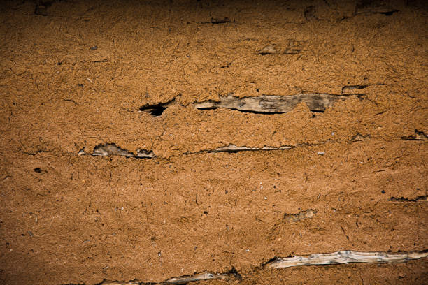 Close-up of old traditional natural facade made of ground-mud-clay and straw fibers in southeast of Serbia.