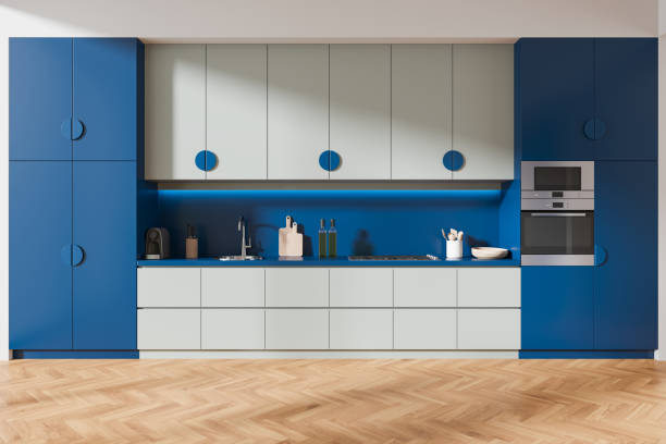 istock Colored blue home kitchen interior with cooking cabinet and kitchenware 2162117158