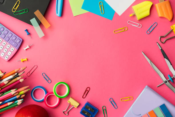 istock Back to school concept. Creative school stationery composition on pink background. Top view, flat. 2162117279