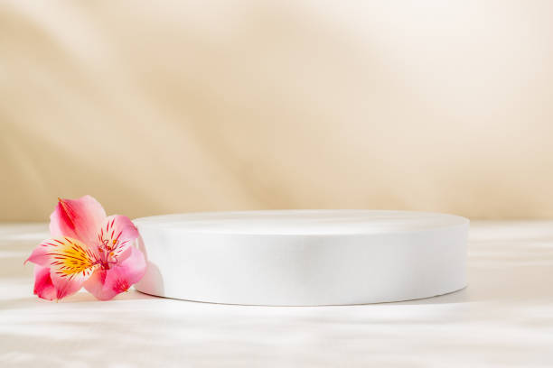 istock Podium with pink flower and sunlight shadows, spring and summer concept 2162117326