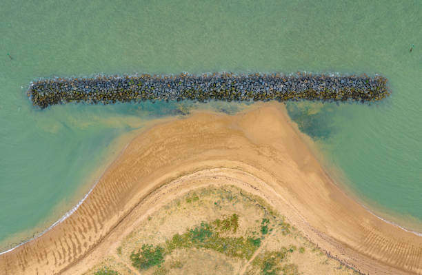 Aerial photo from a drone of a coastal defence in Jaywick, Essex, UK.