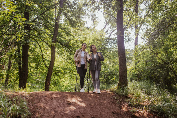istock Two hikers posing atop a hill in a wooded area. 2162118458