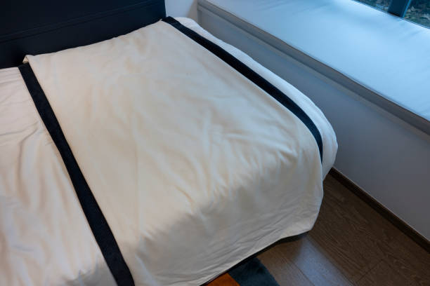 White twin size single bed with white linen in interior. 3d render