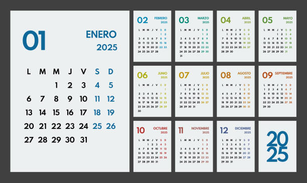 2025 year monthly office planner, calendar starts monday, two colorful weekends, white background, spanish months name 2025 year monthly office planner, calendar starts monday, two colorful weekends, white background, spanish months name january in spanish stock illustrations