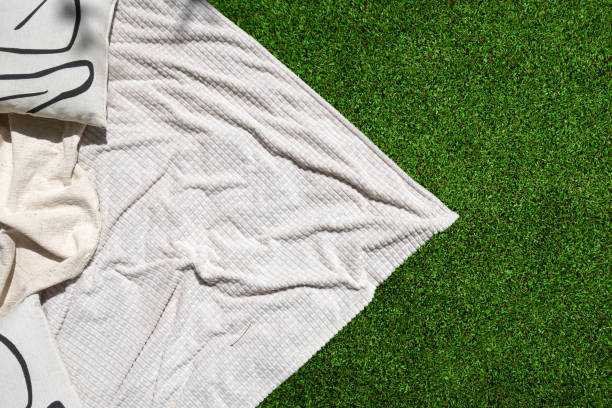 istock Backyard with white blanket and cushion on green grass 2162129603