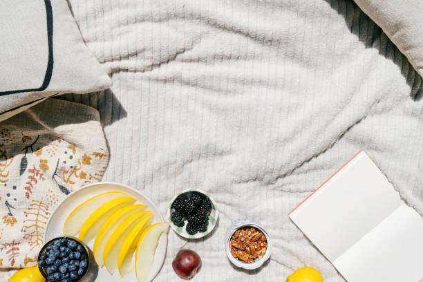 istock Picnic blanket with snacks, open book and decorative cushion, flat lay 2162129656