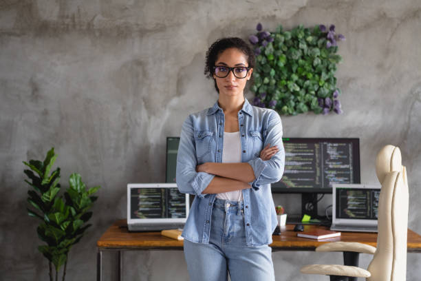 istock Photo of nice confident successful girl software developer crossed arms modern workspace indoors 2162131429