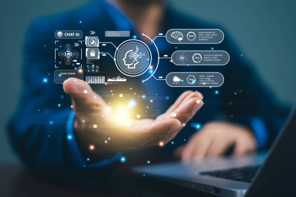 istock Ai bot chat with customer help modern business. Businessman use computer open chat Ai application, Artificial intelligence. Robot business convenient assistance. Conversation prompt generate big data 2162133267