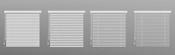Open and closed window blinds animation set Open and closed window blinds animation set isolated on gray background. Vector realistic illustration of horizontal white shutters, jalousie shade for home, office interior, metal sunshade collection sheet metal rolling stock illustrations