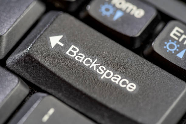 istock Simple backspace key on a modern laptop computer keyboard macro detail extreme closeup nobody Ctrl z, coming back correcting deleting removing undoing previous action abstract concept symbol no people 2162136105