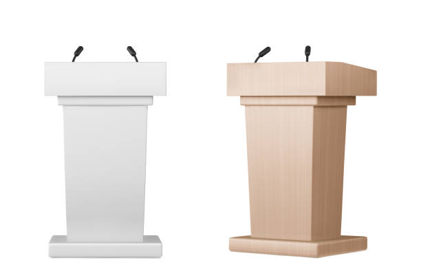 istock Wooden podium tribunes set isolated on white 2162136331