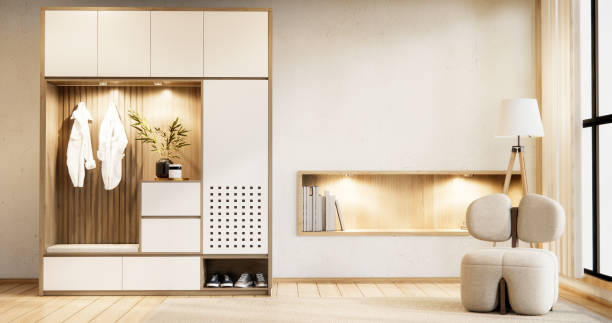istock Cabinet shelves on wall design room with decoration and sofa.3D rendering 2162138178