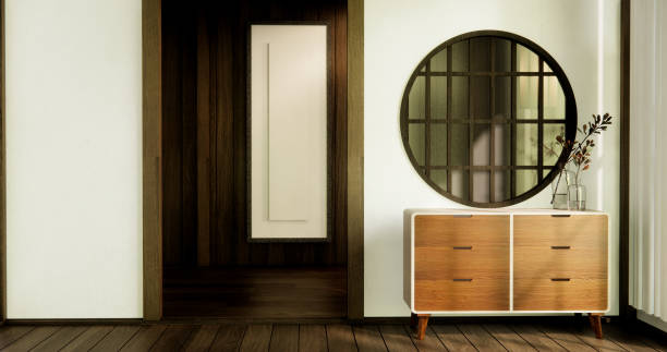 istock Cabinet and wall shelves on empty room with decoration ,lamp, plants, carpet, sofa. 2162138358
