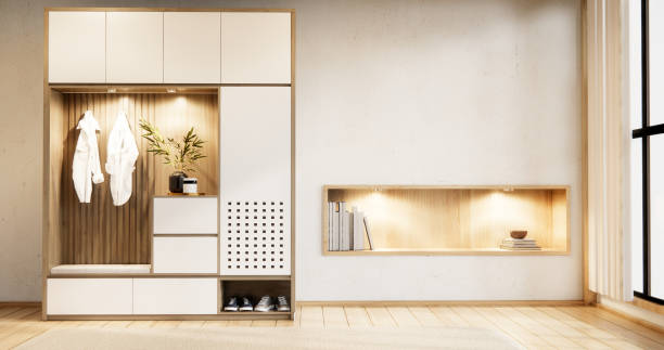 istock Cabinet and wall shelves on empty room with decoration ,lamp, plants, carpet, sofa. 2162138689