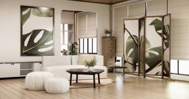 istock Cabinet shelves on wall design room with decoration and sofa. 2162138992