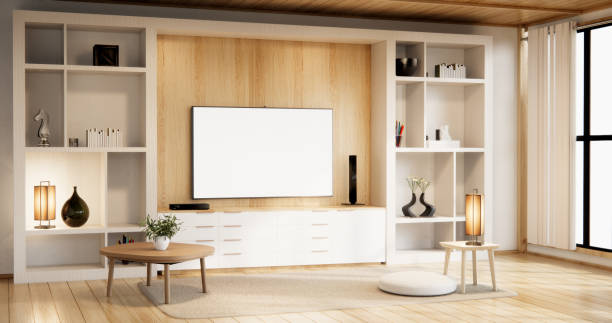 istock Cabinet and wall shelves on empty room with decoration ,lamp, plants, carpet, sofa. 2162139132