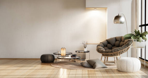 istock Cabinet shelves on wall design room with decoration and sofa. 2162139452