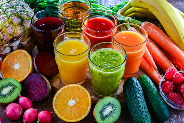 istock Glasses with fresh organic vegetable and fruit juices 2162141941