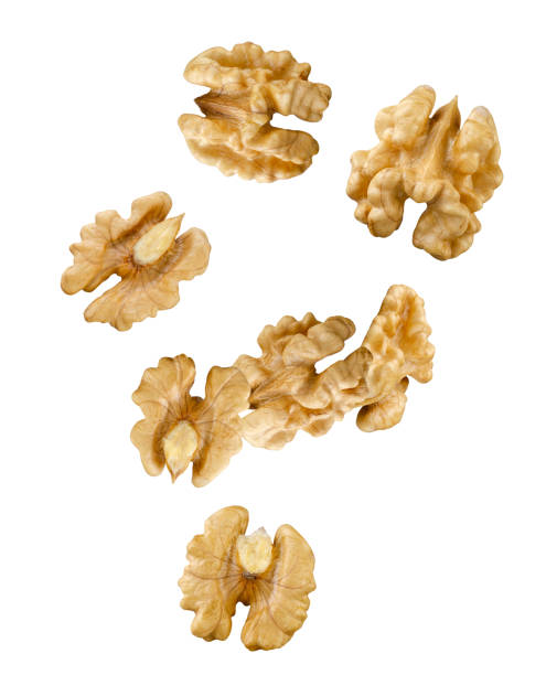 istock Halves of walnut kernels fall in space. Isolated on white 2162145448