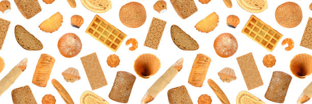 istock Bread and sweet pastries isolated on white. Bright seamless pattern. 2162145529