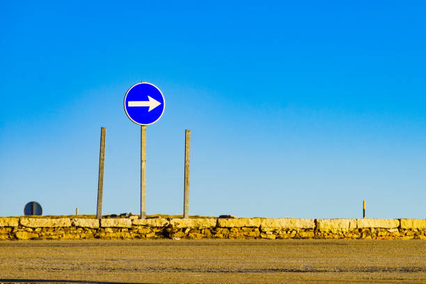 blue road sign with white arrow pointing right