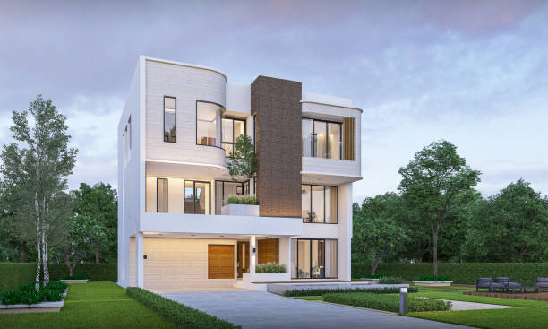 istock Modern house exterior evening view with lawn grass.3d rendering 2162148835