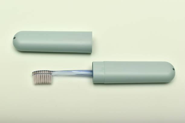 istock A toothbrush case and a toothbrush on a green background. 2162148859