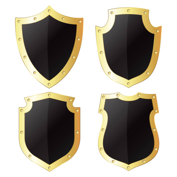 istock Set of black shields with gold border and rivets design 2162151266