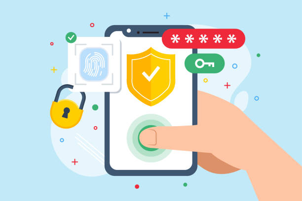 bildbanksillustrationer, clip art samt tecknat material och ikoner med flat illustration of hand using biometric authentication with fingerprint scanner shield and padlock - lösenord