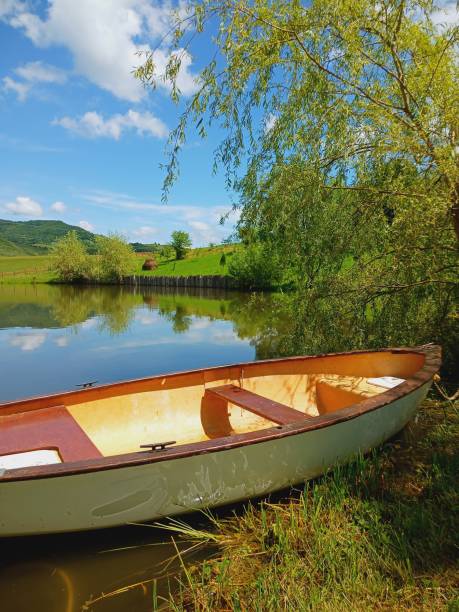 A photo of a wooden boat shooted in the natural landscape of a lake in the village.