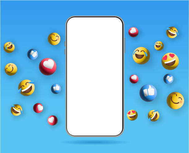 istock Phone with 3D social media communication emojis thumbs up, Like, hearts crying laughing, smiling, heart eyes icons on blue background 2162166528