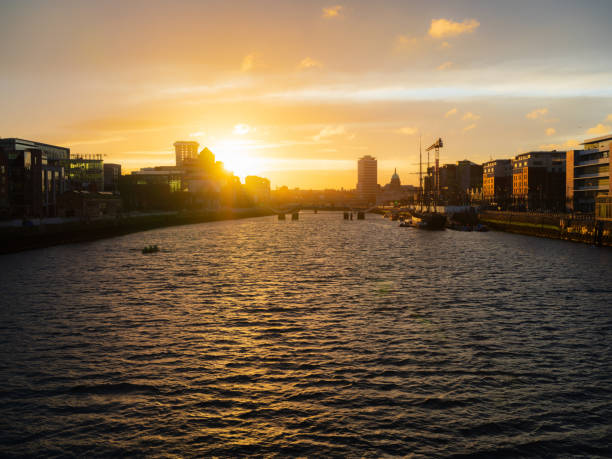 Scenic serene view of downtown and river in Dublin at sunset