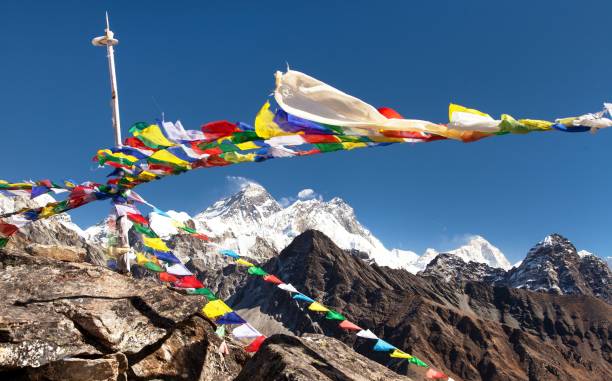 istock Mount Everest, Mt Lhotse, Makalu, buddhist prayer flags 2162173521