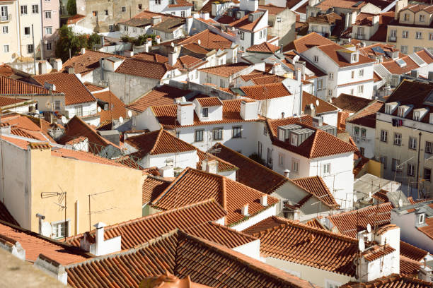 Europe city break. Sightseing vacation in Portugal. POV from high viewpoint over the city.