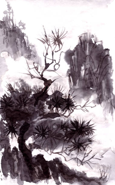 istock pine trees under snow in the mountains, traditional Chinese brush painting 2162174875