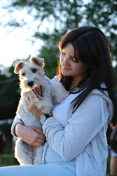 istock Smiling woman embracing Fox Terrier outdoors 2162177325
