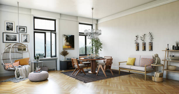 istock Modern Scandinavian Living Room with Cozy Seating Area and Dining Space 2162177403