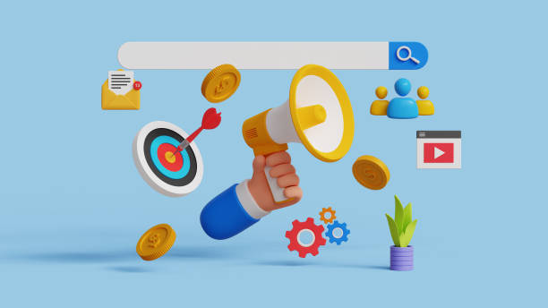 istock Digital marketing, advertising, promotion strategy, SEO optimization concept. Search bar with megaphone and and marketing icons on blue background. 3d illustration 2162179442