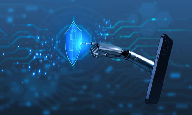 istock Robot cheerful pointing finger touchscreen cyber security datum technology futuristic computer digital ai artificial intelligence innovation network business science cyborg system software online data 2162180349