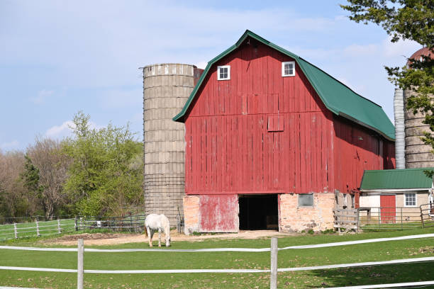 istock Red Barn and White Horse 2162182699