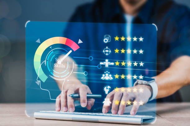 istock A man is typing on a computer keyboard with a green, yellow, and red scale on the screen 2162183629
