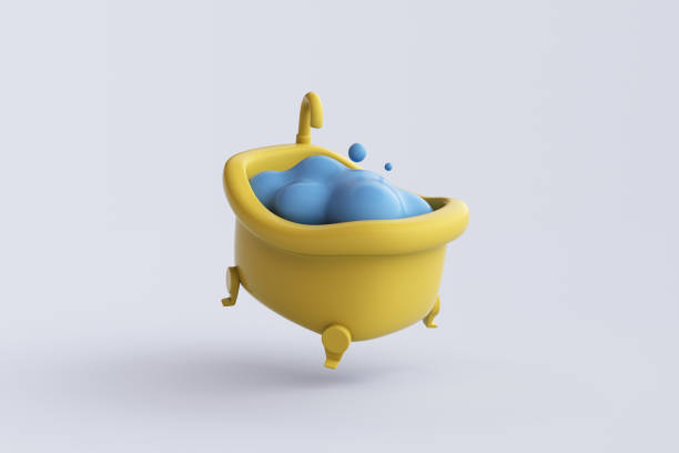 istock 3D rendering of bathtub on blue background. 2162184179