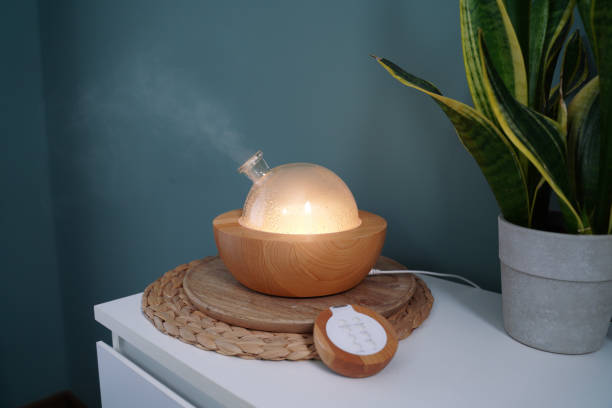 istock Air diffusor with remote controller on night cabinet , next to snake plant. 2162184204